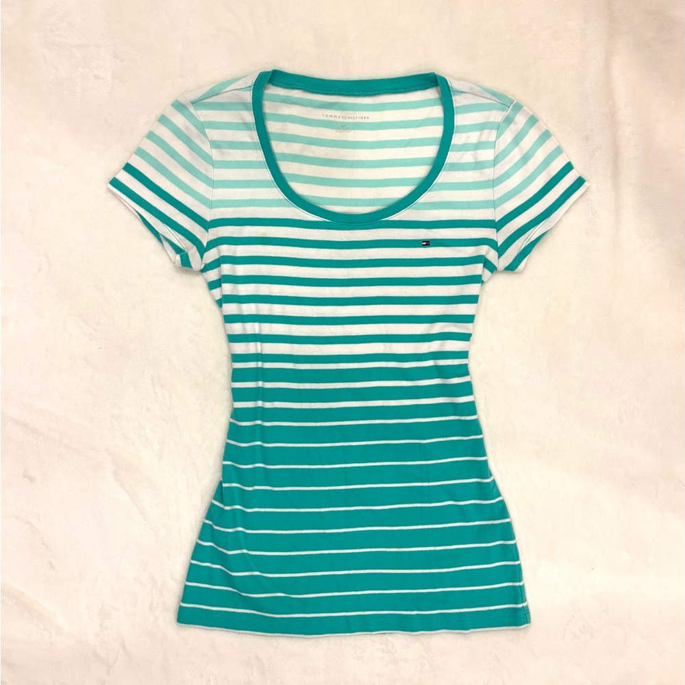 Tommy Hilfiger Turquoise/Aqua and White Striped Tee